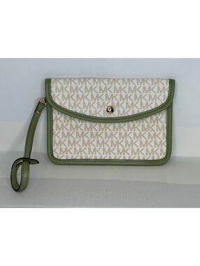 Michael Kors Vanilla MK Logo Large Wristlet Wallet Green Trim Gold Tone